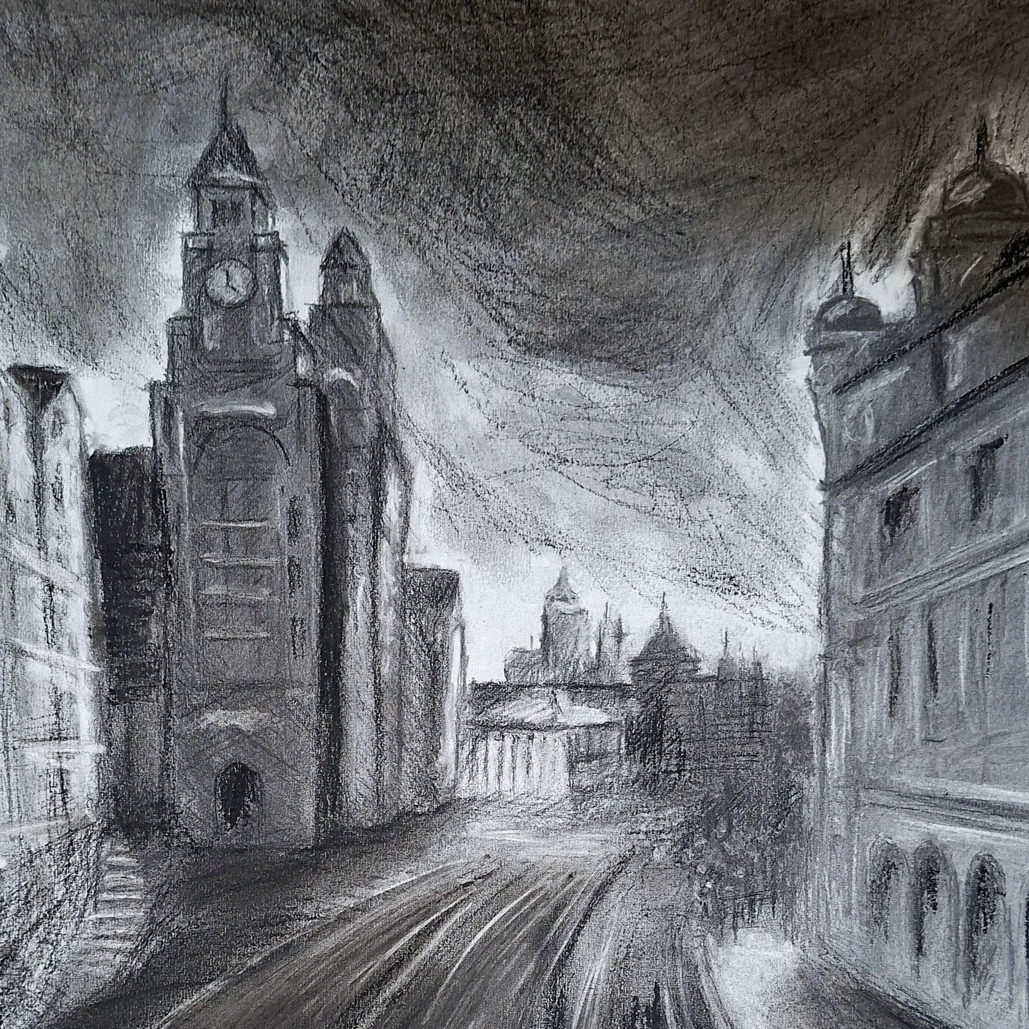 City in the morning in Charcoal